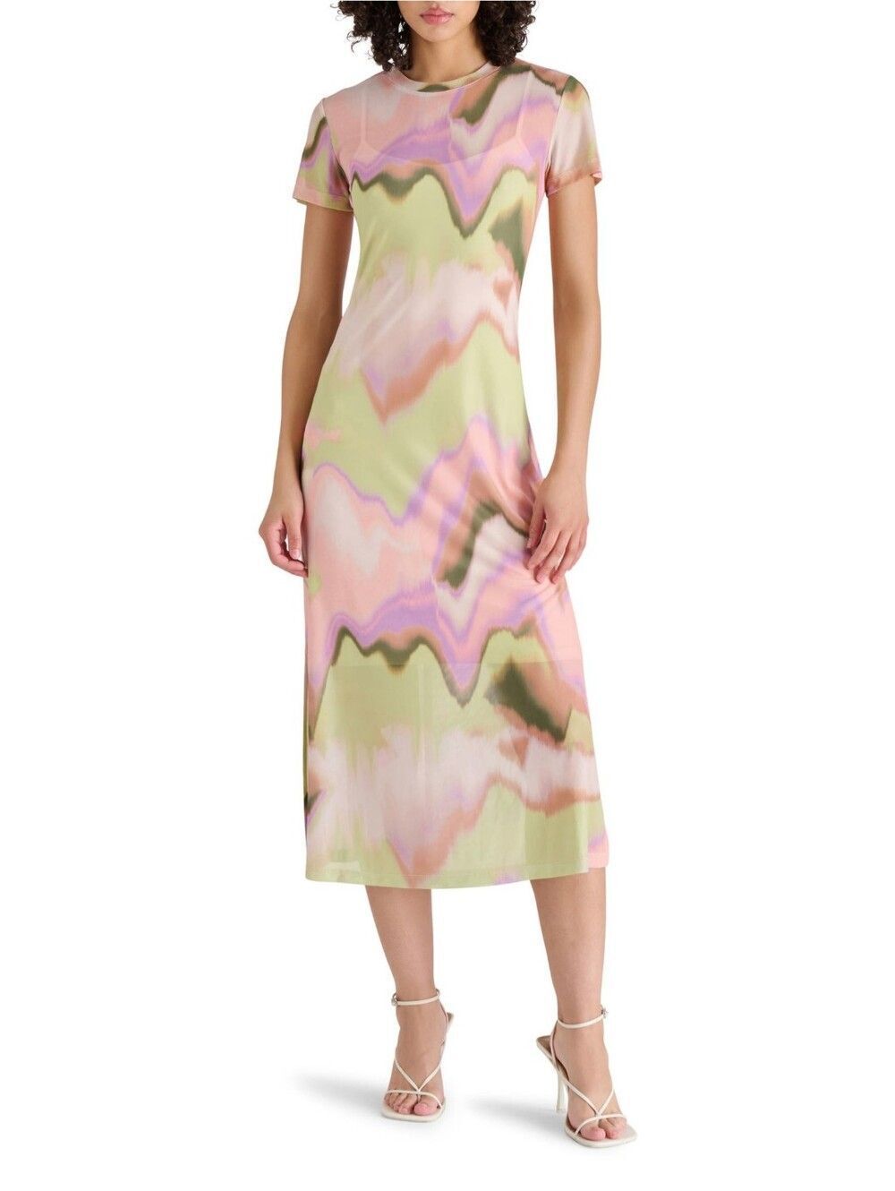 Steve Madden Womens Pastel Green Pink Wave Mesh T-Shirt Midi Dress Size Small